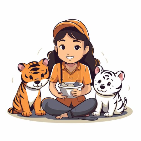 Téléchargez les illustrations : Illustration vectorielle d'une fille avec un bol de nourriture et un tigre - en licence libre de droit
