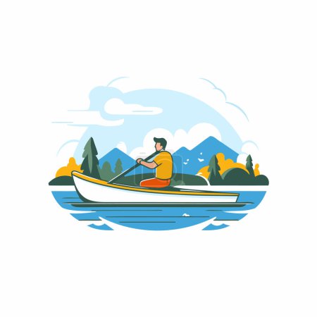 Illustration for Man rowing a boat on the lake. Flat style vector illustration. - Royalty Free Image