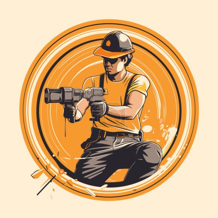 Illustration for Illustration of a construction worker holding a dslr camera set inside circle done in retro woodcut style. - Royalty Free Image