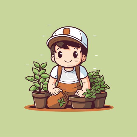 Téléchargez les illustrations : Joli petit garçon plantant des plantes dans le jardin. Illustration vectorielle. - en licence libre de droit