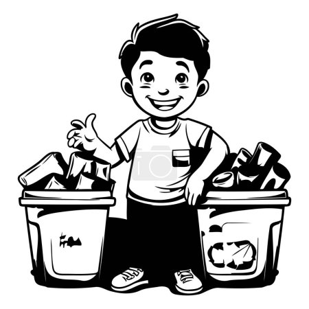 Téléchargez les illustrations : Garçon triant les ordures. illustration de dessin animé vectoriel noir et blanc isolé sur fond blanc. - en licence libre de droit