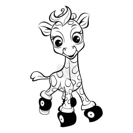 Téléchargez les illustrations : Livre à colorier pour enfants : girafe bébé sur patins à roulettes - en licence libre de droit