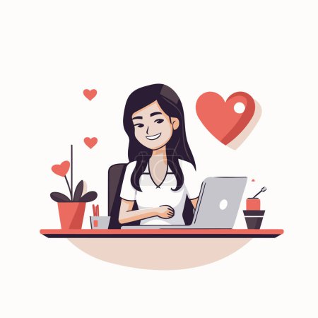 Illustration for Young woman working on laptop at home. Vector illustration in cartoon style. - Royalty Free Image
