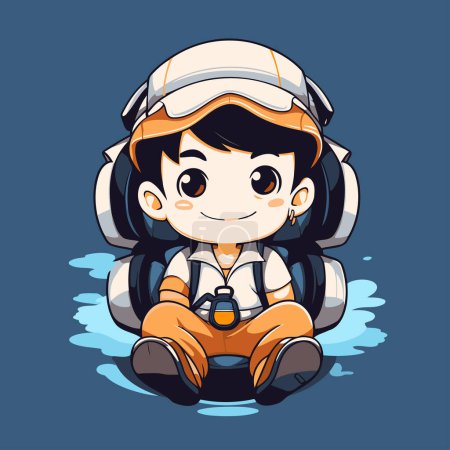 Cute boy in space suit and helmet sitting on the surface of water