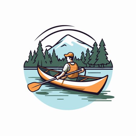 Illustration for Kayaking in the lake. Vector illustration of a man paddling in a canoe. - Royalty Free Image