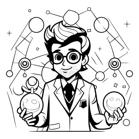 Illustration for Vector illustration of a scientist in lab coat and glasses holding a magic ball. - Royalty Free Image
