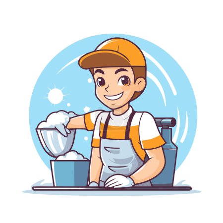 Illustration for Cleaning service worker. Cute cartoon character. Vector illustration. - Royalty Free Image