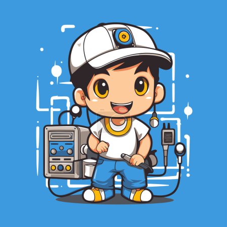 Illustration for Cartoon boy with power supply. Vector illustration of a boy with power supply. - Royalty Free Image