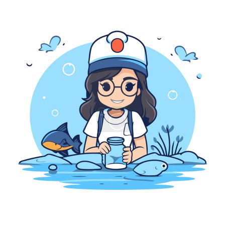 Téléchargez les photos : Jolie fille de dessin animé dans un chapeau de marin et des lunettes avec une bouteille d'eau. Illustration vectorielle. - en image libre de droit
