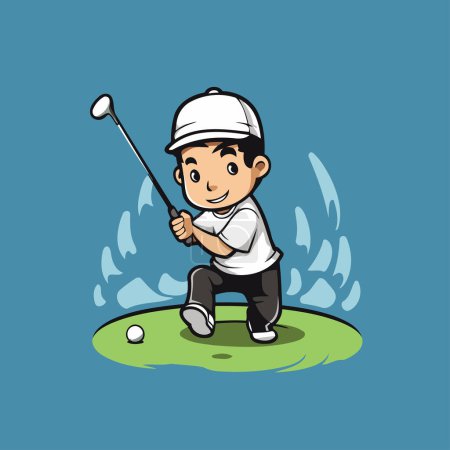 Illustration for Illustration of cartoon boy playing golf on the golf course. Vector illustration. - Royalty Free Image