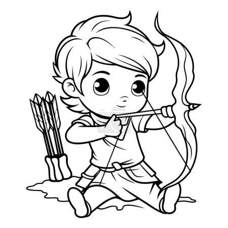 Téléchargez les illustrations : Cupidon avec arc et flèche. Illustration vectorielle noir et blanc pour livre à colorier. - en licence libre de droit