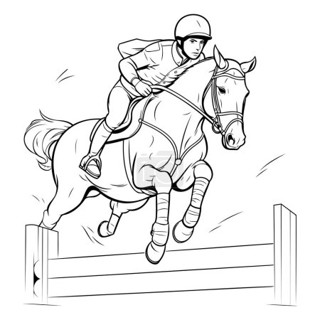 Téléchargez les illustrations : Jockey à cheval sautant par-dessus les obstacles. illustration vectorielle noir et blanc. - en licence libre de droit