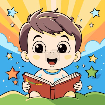 Photo for Illustration of a Cute Baby Boy Reading a Book in the Park - Royalty Free Image