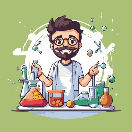 Illustration for Scientist man cartoon character with chemical lab equipment. Vector illustration. - Royalty Free Image