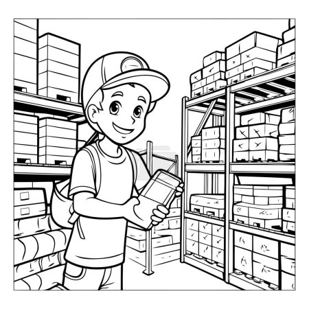Ilustración de Ilustración de dibujos animados en blanco y negro de un lindo niño que trabaja en un almacén o almacén de distribución Libro para colorear - Imagen libre de derechos