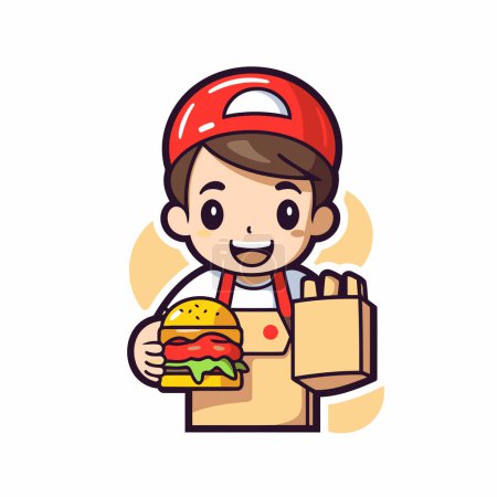 Téléchargez les illustrations : Mignon livreur de restauration rapide avec hamburger. Illustration vectorielle. - en licence libre de droit