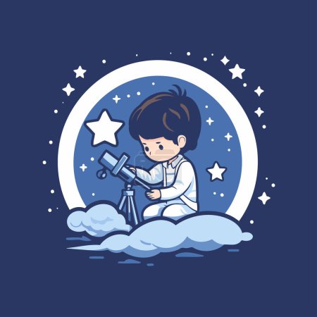 Illustration for Cute little boy looking through telescope on a cloud. Vector illustration. - Royalty Free Image