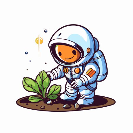 Téléchargez les illustrations : Astronaute avec plante. Illustration vectorielle isolée sur fond blanc. - en licence libre de droit