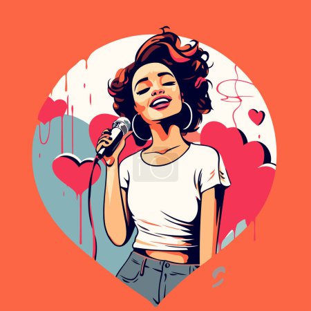 Illustration for Pop art woman singing karaoke in heart shape. Vector illustration - Royalty Free Image