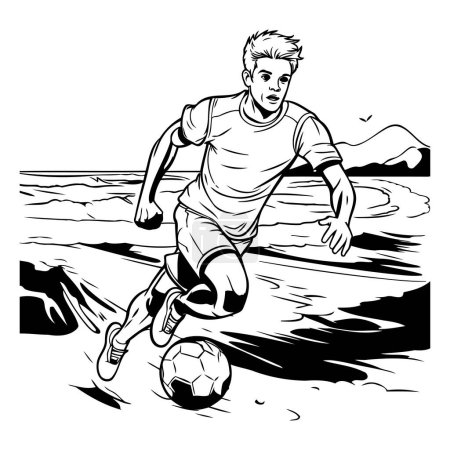 Illustration for Soccer player on the beach. Black and white vector illustration. - Royalty Free Image