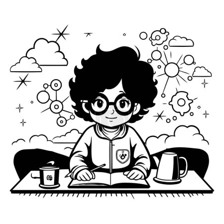 Illustration for Boy reading a book at the table. Black and white vector illustration. - Royalty Free Image