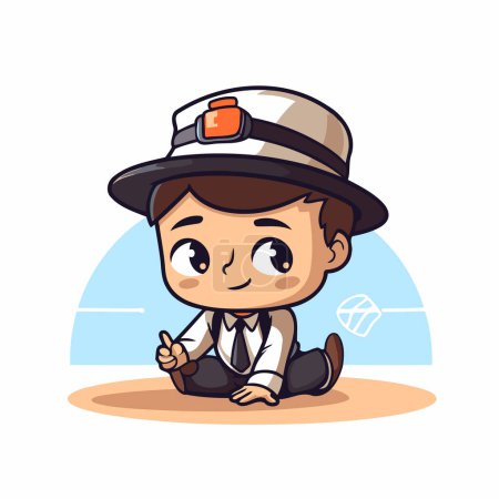Illustration for Cute cartoon detective boy sitting on the ground. Vector illustration. - Royalty Free Image