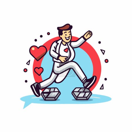 Vektorillustration eines Mannes, der mit Würfel und Herz in der Hand läuft