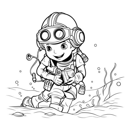 Téléchargez les illustrations : Mignon astronaute dessin animé dans la mer. Livre à colorier pour enfants - en licence libre de droit