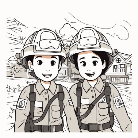Ilustración de Bombero y bombero delante de la casa vector ilustración diseño gráfico - Imagen libre de derechos