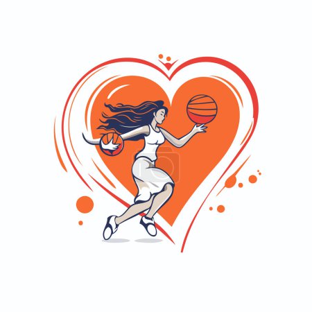 Téléchargez les illustrations : Jolie fille jouant au basket avec le cœur. Illustration vectorielle dans le style dessin animé. - en licence libre de droit