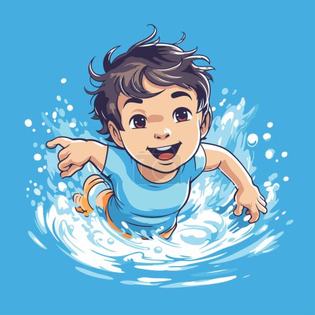 Illustration for Cute little boy swimming on a wave. Vector cartoon illustration. - Royalty Free Image