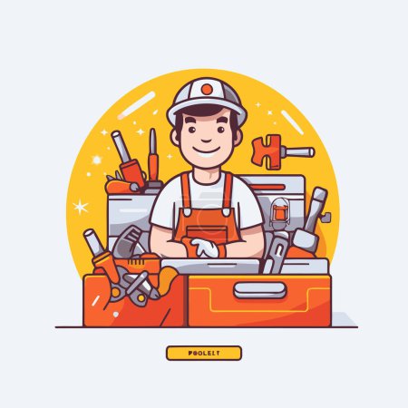 Illustration for Repairman with toolbox. Vector illustration in flat style. - Royalty Free Image