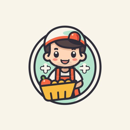 Illustration for Cute boy holding a basket of healthy food. Vector illustration. - Royalty Free Image