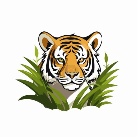 Téléchargez les illustrations : Tête de tigre avec herbe. Illustration vectorielle. Isolé sur fond blanc. - en licence libre de droit