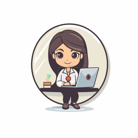 Illustration for Vector illustration of a female doctor working on a laptop in a circle - Royalty Free Image