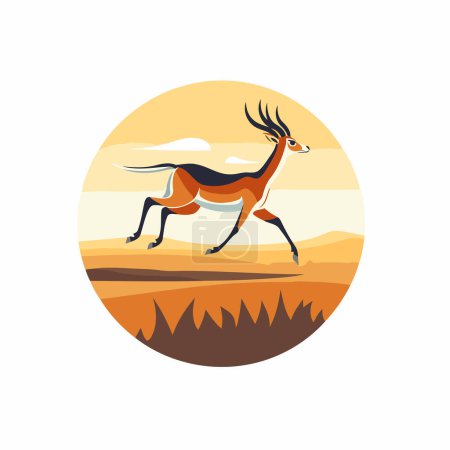 Téléchargez les illustrations : Illustration vectorielle de gazelle sauvage courant dans le champ. Antilope dans le style plat. - en licence libre de droit
