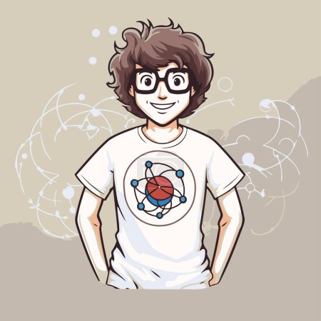 Téléchargez les illustrations : Illustration vectorielle d'un garçon avec des lunettes et un T-shirt blanc. - en licence libre de droit