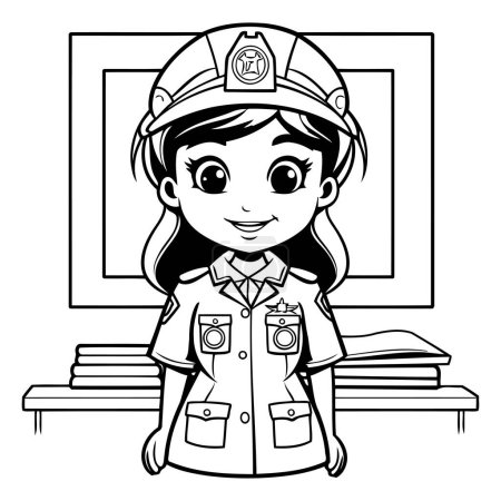 Téléchargez les illustrations : Illustration de dessin animé noir et blanc de pompier ou pompier fille mignonne Coloring Book - en licence libre de droit