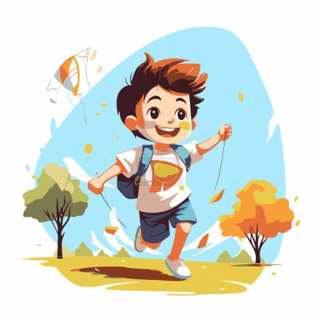 Illustration for Cute little boy running with kite in the park vector illustration - Royalty Free Image
