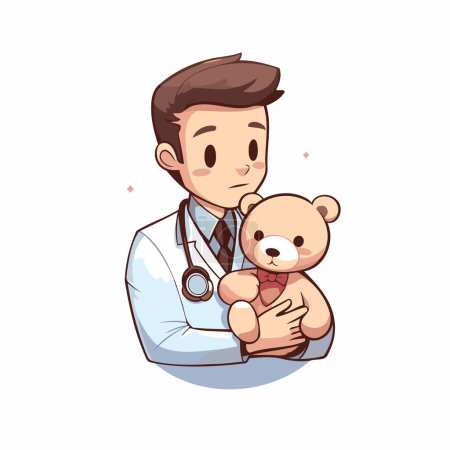 Téléchargez les illustrations : Pediatre avec ours en peluche dessin animé personnage vectoriel illustration graphisme - en licence libre de droit