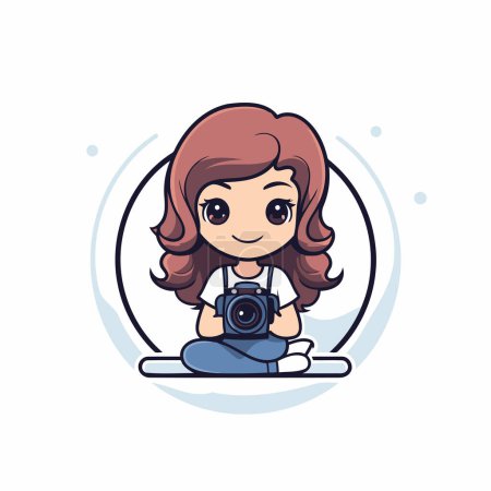 Illustration for Cute little girl sitting and holding a camera. Vector illustration. - Royalty Free Image