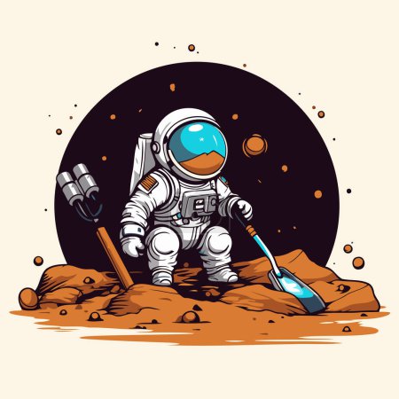 Illustration for Astronaut with a shovel in his hand. Vector illustration. - Royalty Free Image