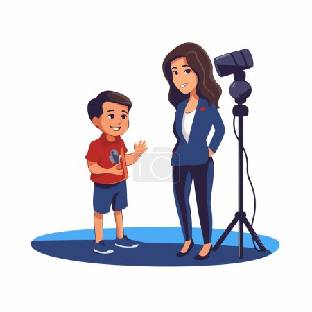 Fernsehmoderatorin Frau und Junge mit Kamera und Mikrofonvektor Illustration Grafikdesign