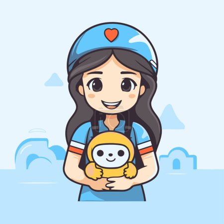 Illustration for Vector illustration of a cute little girl holding a small robot in her hands - Royalty Free Image
