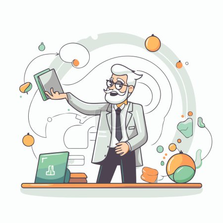 Illustration for Cartoon scientist with books. Vector illustration in a flat style. - Royalty Free Image