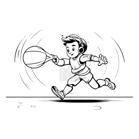 Téléchargez les illustrations : Illustration d'un garçon jouant au basket. illustration vectorielle en noir et blanc - en licence libre de droit