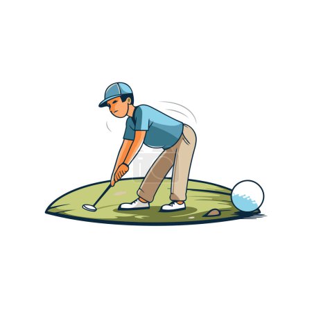 Téléchargez les illustrations : Golfeur sur un terrain de golf. Illustration vectorielle dans le style dessin animé - en licence libre de droit