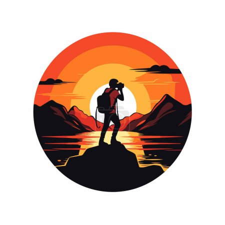 Téléchargez les illustrations : Silhouette d'un touriste avec un sac à dos et des jumelles au coucher du soleil. Illustration vectorielle - en licence libre de droit