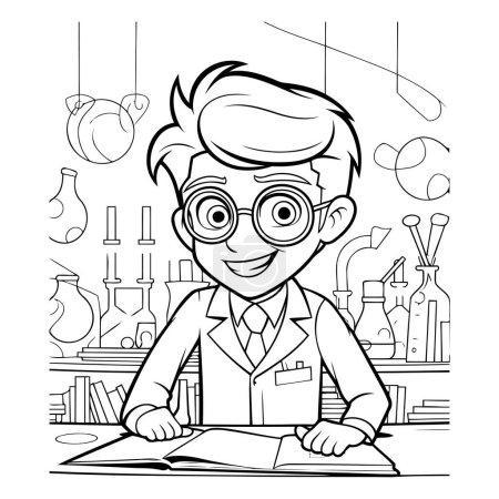 Scientist in the laboratory. Black and white vector illustration for coloring book.