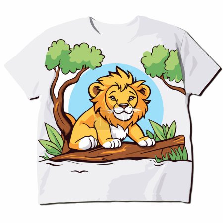 Téléchargez les illustrations : T-shirt imprimé design avec lion dessin animé mignon assis sur la branche d'arbre - en licence libre de droit